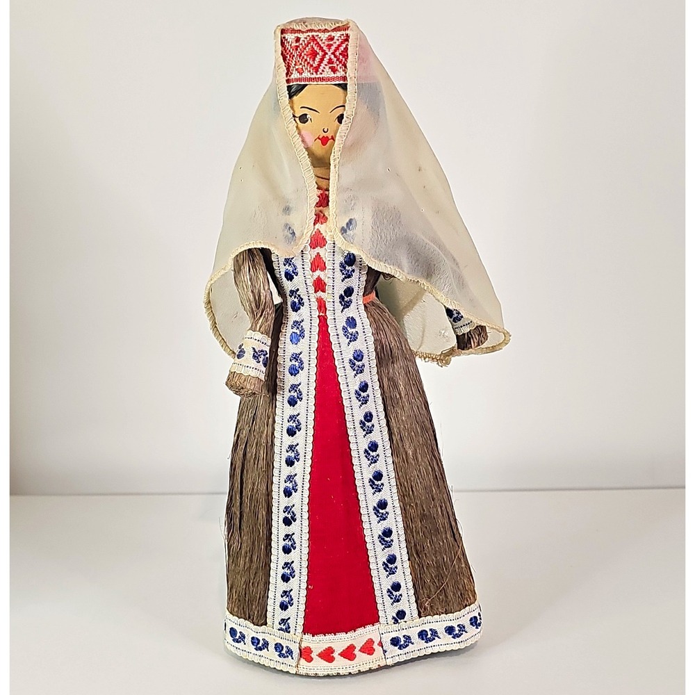 Vintage Folk Costume Cloth Rag Doll w/ Veil, Green USSR Cyrillic Tag